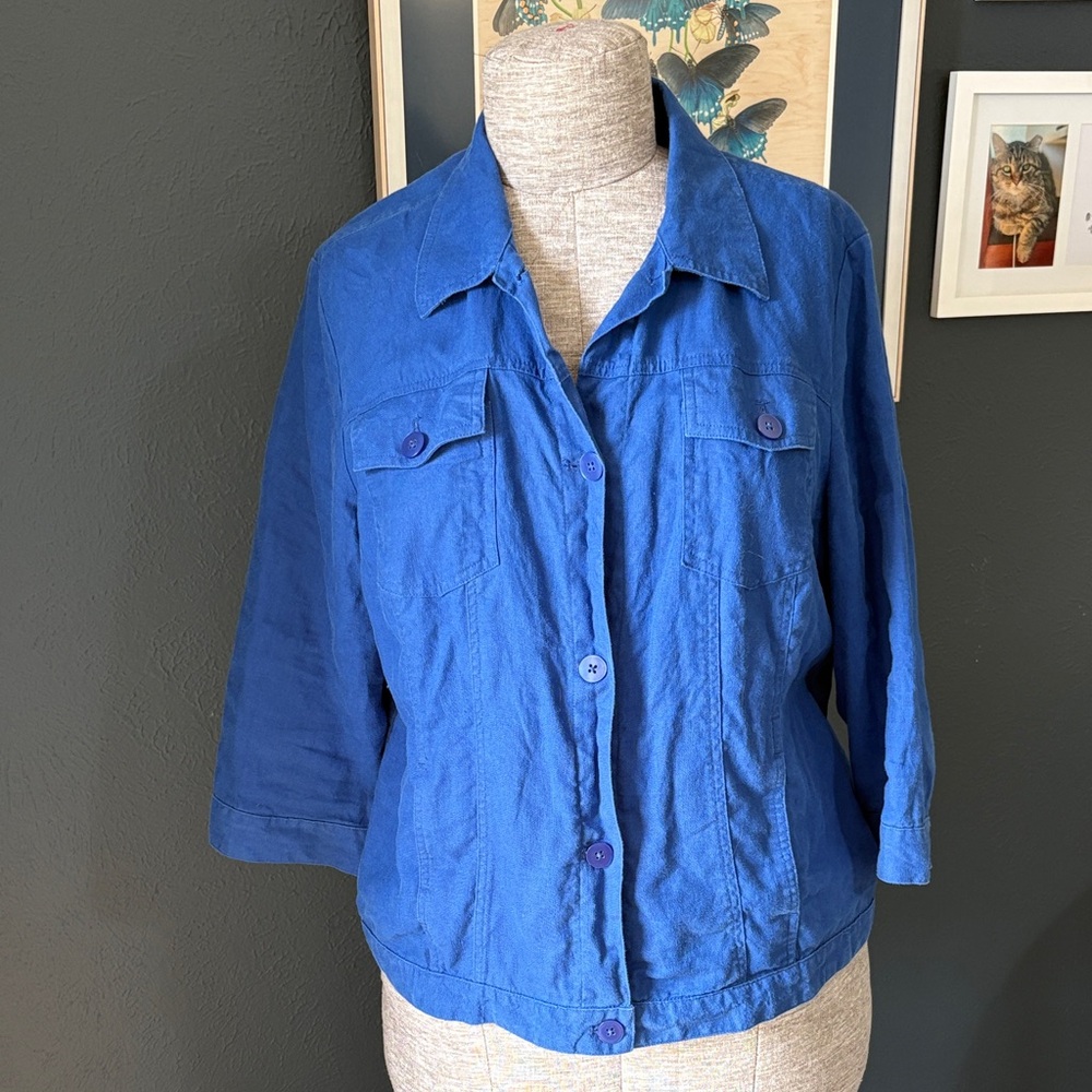 Blue Chico’s Women's Lightweight Button-Front 100% Linen Shirt Jacket Shacket